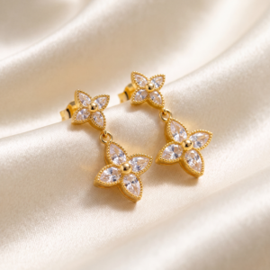 Ohrringe „Elada“ mit 2er-Blüte aus 925 Sterling Silber, goldplattiert & Zirkonia