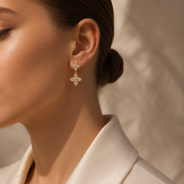Ohrringe „Elada“ mit 2er-Blüte aus 925 Sterling Silber, goldplattiert & Zirkonia