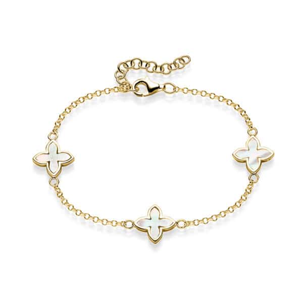Armband „Coslada“ mit Perlmutt 3er-Blume aus 925er Sterling Silber, goldplattiert