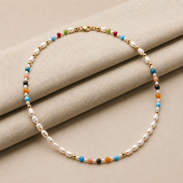 Perlen-Kugelkette „Chantilly“ mit Edelstein aus 925er Sterling Silber, goldplattiert