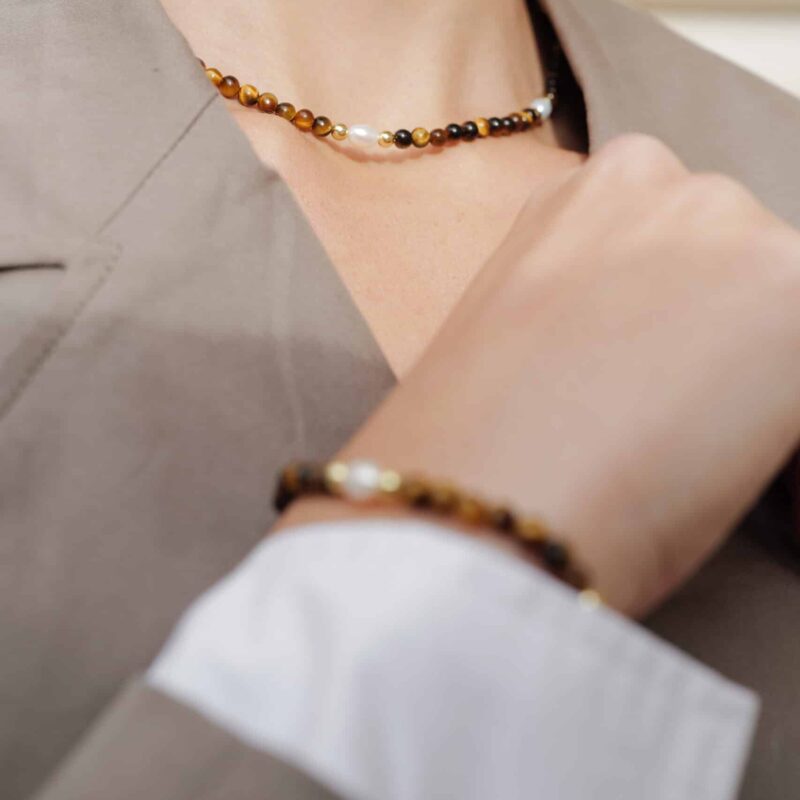 Perlen-Kugelkette „Josefa“ mit Edelstein aus 925er Sterling Silber, goldplattiert