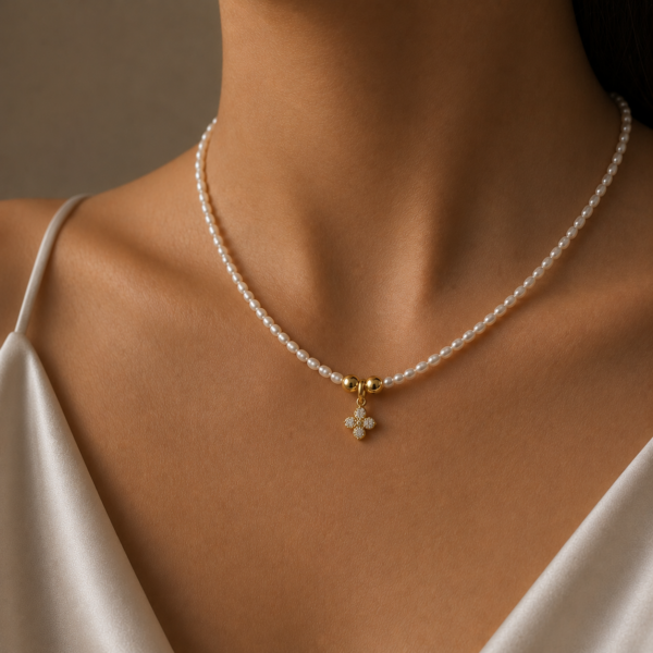 Kugelkette „Lore“ mit Süßwasserperlen aus 925er Sterling Silber, goldplattiert