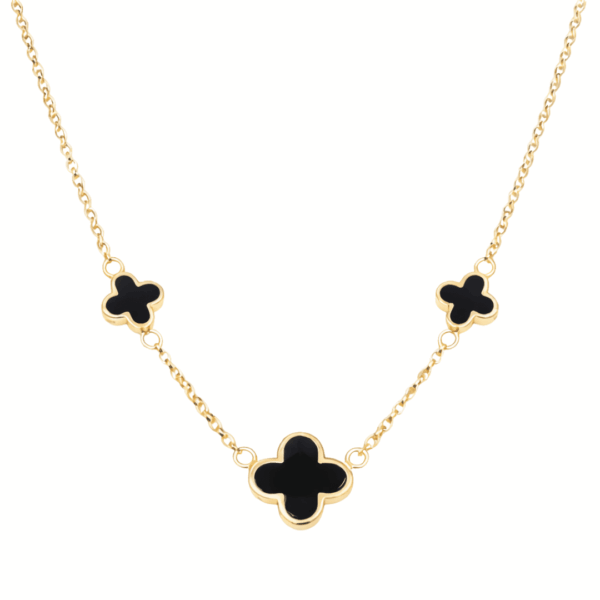 Kette „New York“ mit 3er-Blütenmotiv aus 925er Sterling Silber, goldplattiert & Onyx