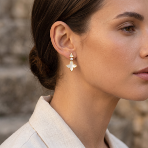 Ohrringe „Coslada Geo“ mit Perlmutt & Zirkonia aus 925er Sterling Silber, goldplattiert