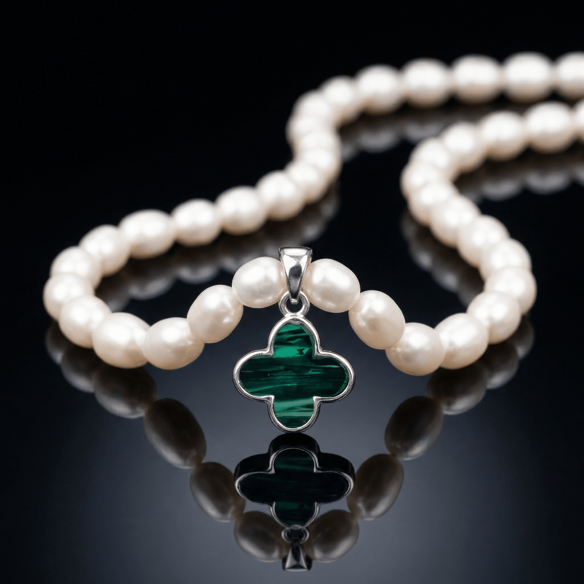 Kugelkette „New York“ mit Malachit & Süßwasserperlen aus 925er Sterling Silber – Bild 2