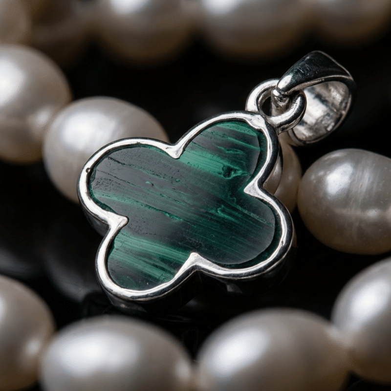 Kugelkette „New York“ mit Malachit & Süßwasserperlen aus 925er Sterling Silber