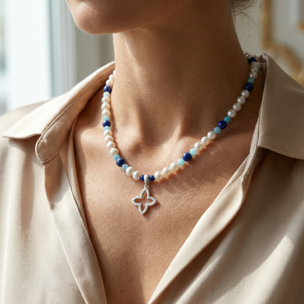 Alternative view of Kugelkette „Coslada Azul“ mit Muschelkernperlen aus 925er Sterling Silber