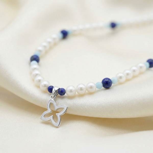 Kugelkette „Coslada Azul“ mit Muschelkernperlen aus 925er Sterling Silber