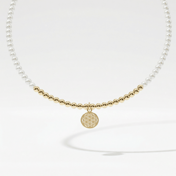 Kugelkette „Alexa“ mit Muschelkernperlen aus 925er Sterling Silber, goldplattiert