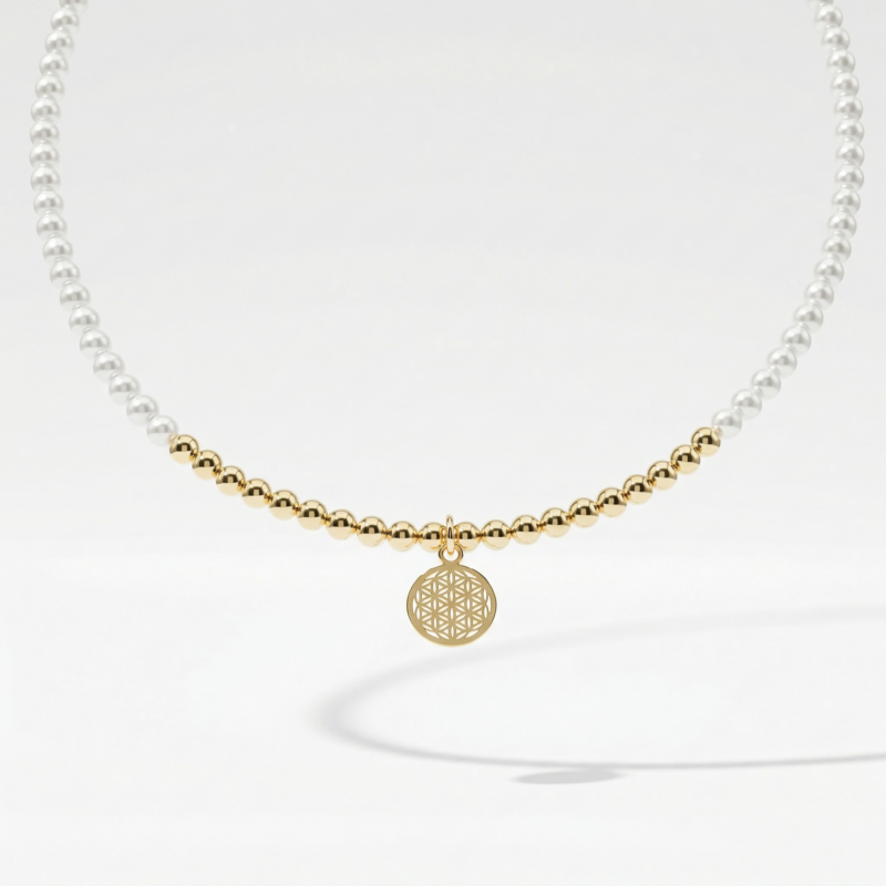 Kugelkette „Alexa“ mit Muschelkernperlen aus 925er Sterling Silber, goldplattiert