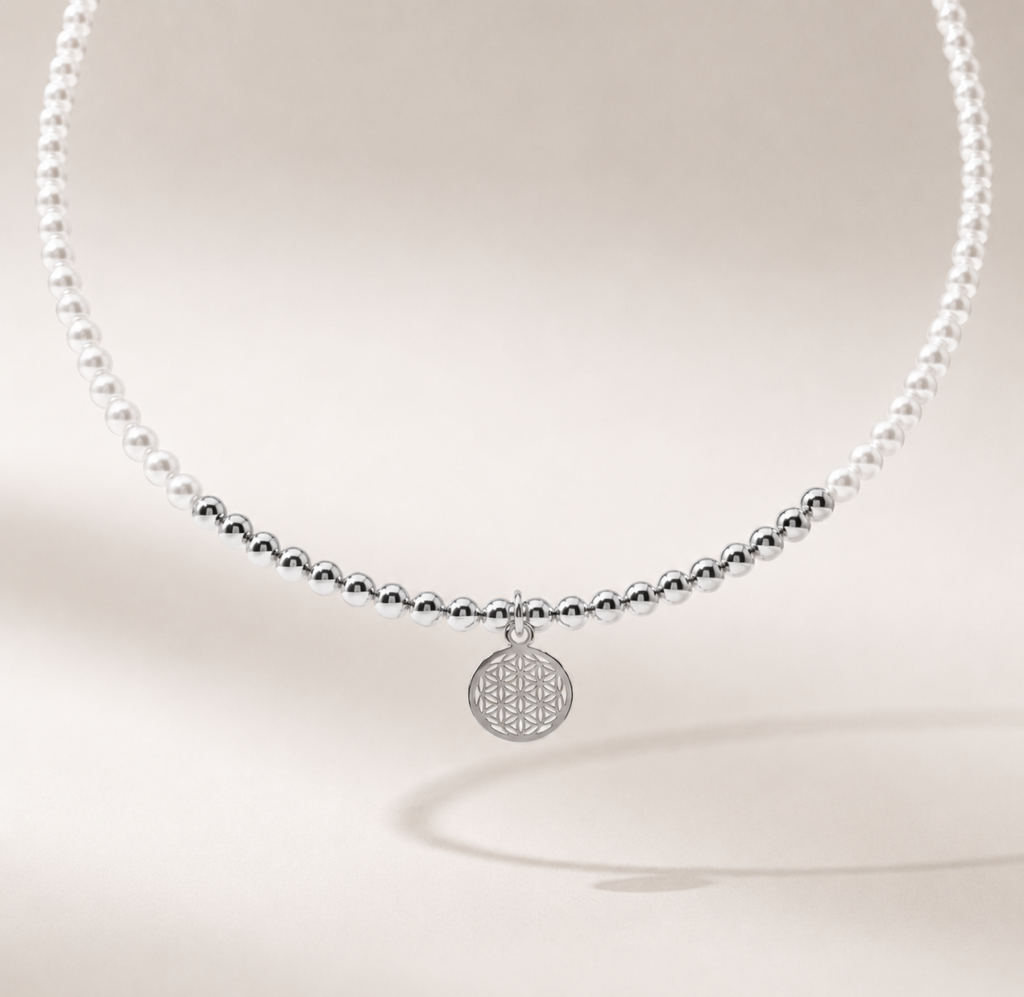 Kugelkette „Alexa“ mit Muschelkernperlen aus 925er Sterling Silber