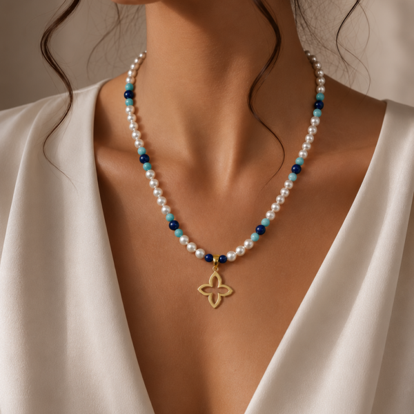 Kugelkette „Coslada Azul“ mit Muschelkernperlen aus 925er Sterling Silber, goldplattiert