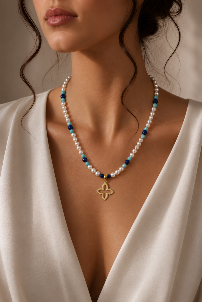 Kugelkette „Coslada Azul“ mit Muschelkernperlen aus 925er Sterling Silber, goldplattiert