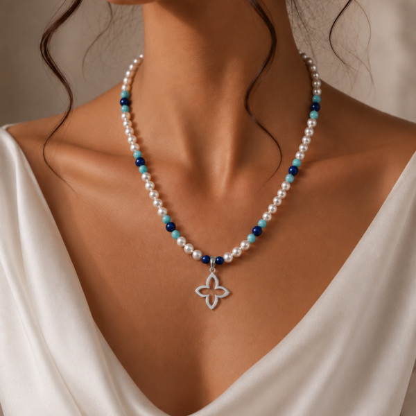 Kugelkette „Coslada Azul“ mit Muschelkernperlen aus 925er Sterling Silber
