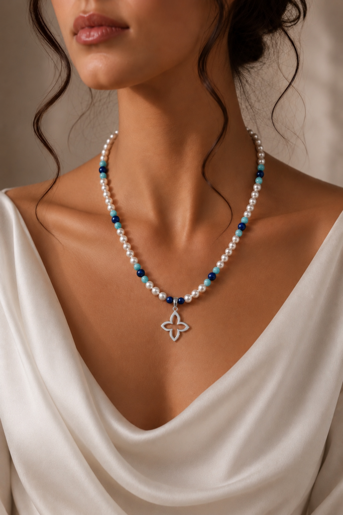 Kugelkette „Coslada Azul“ mit Muschelkernperlen aus 925er Sterling Silber