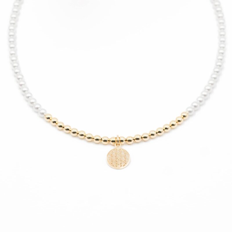 Kugelkette „Alexa“ mit Muschelkernperlen aus 925er Sterling Silber, goldplattiert