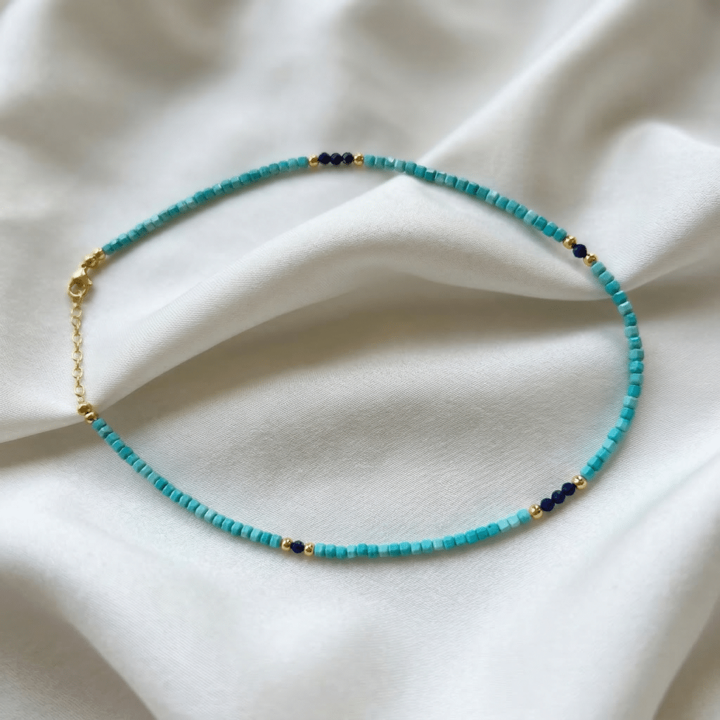 Kugelkette „Blue Ocean“ mit Edelstein aus 925er Sterling Silber, goldplattiert