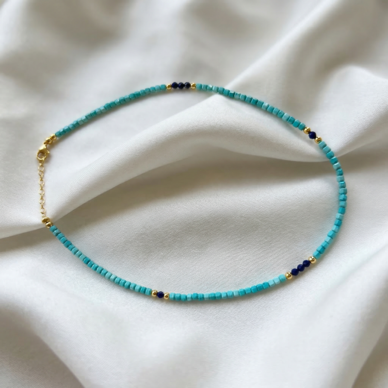 Kugelkette „Blue Ocean“ mit Edelstein aus 925er Sterling Silber, goldplattiert