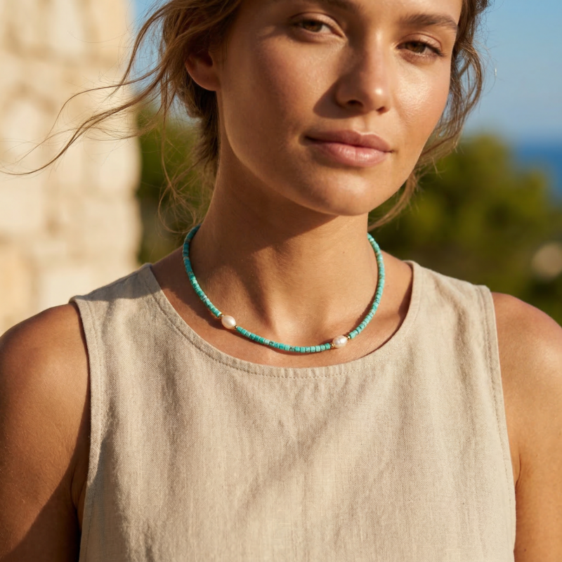 Alternative view of Kugelkette „Azzuro“ mit Süßwasserperlen aus 925er Sterling Silber, goldplattiert