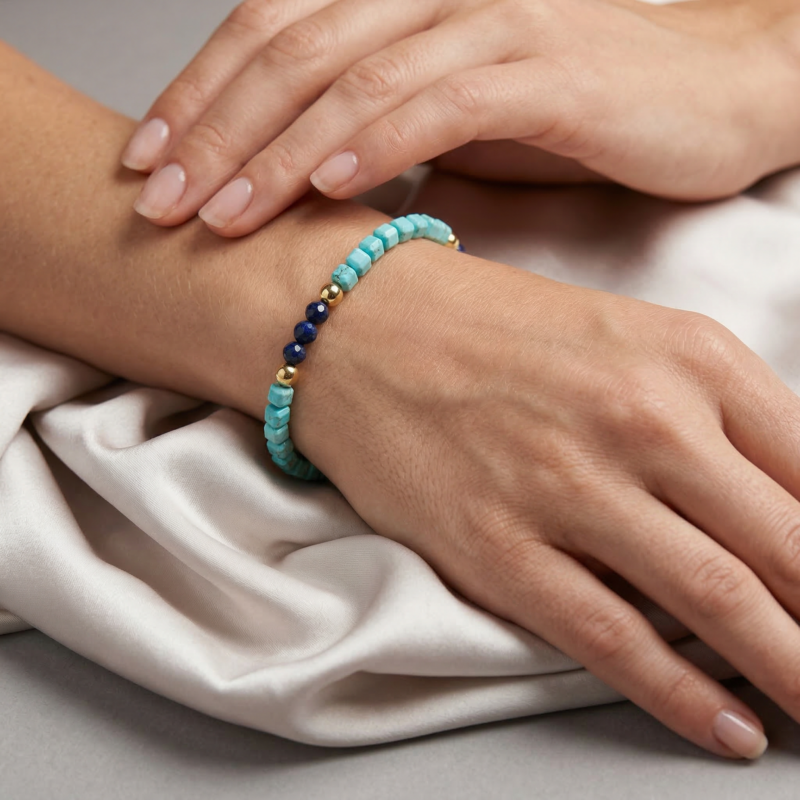 Alternative view of Kugelarmband „Blue Ocean“ mit Edelstein aus 925er Sterling Silber, goldplattiert