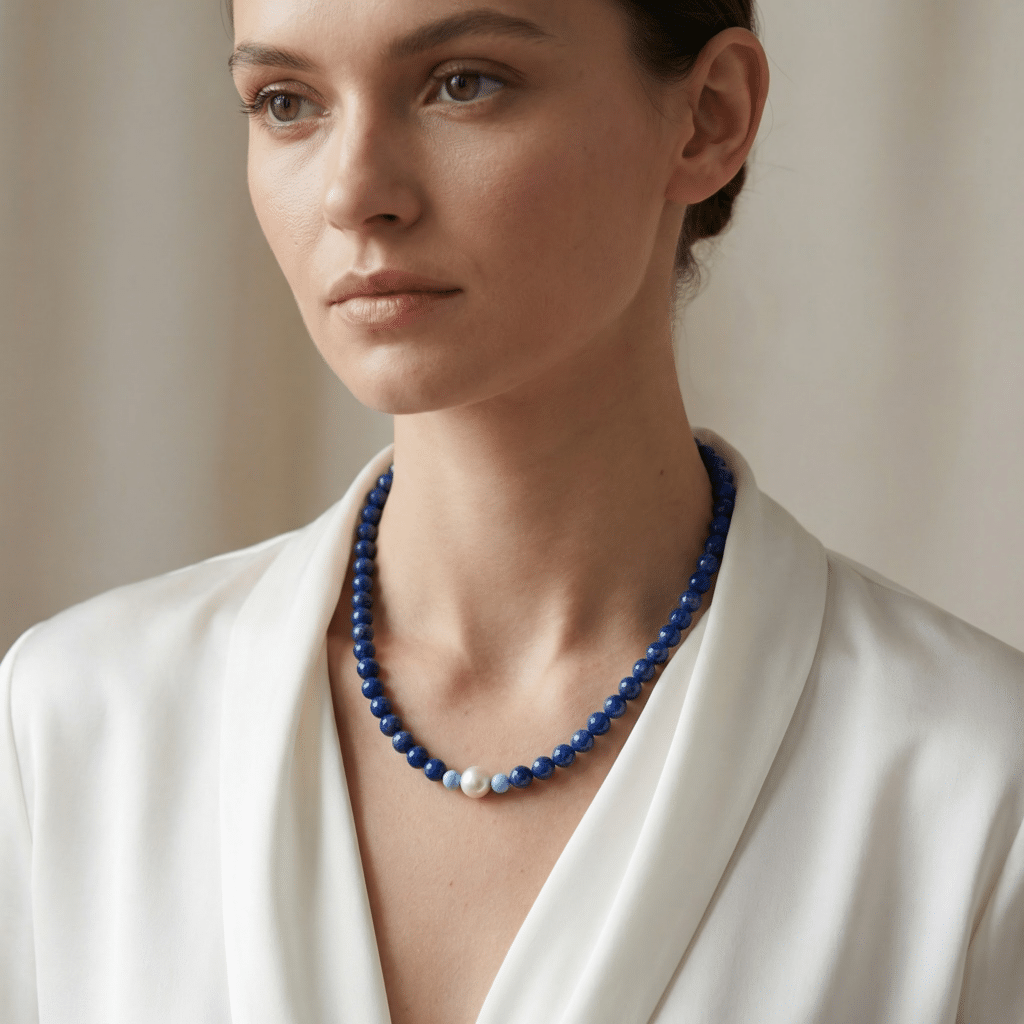 Kugelkette „Amphititre“ mit Edelstein aus 925er Sterling Silber, goldplattiert